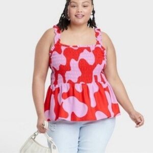 NWOT Ava & Viv Red Abstract Smocked Peplum Top Size 3X
